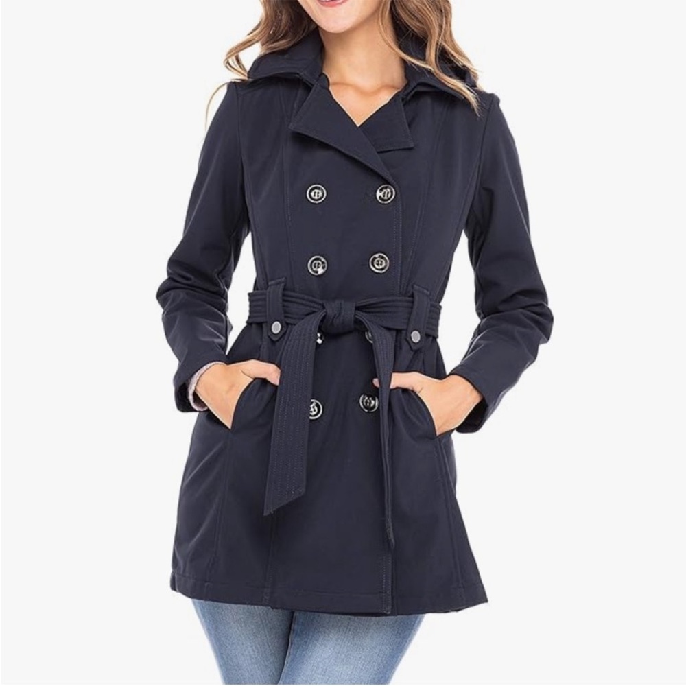 Sebby Collection Women’s Belted Soft Shell Trench Coat Navy Blue Size Small NWT